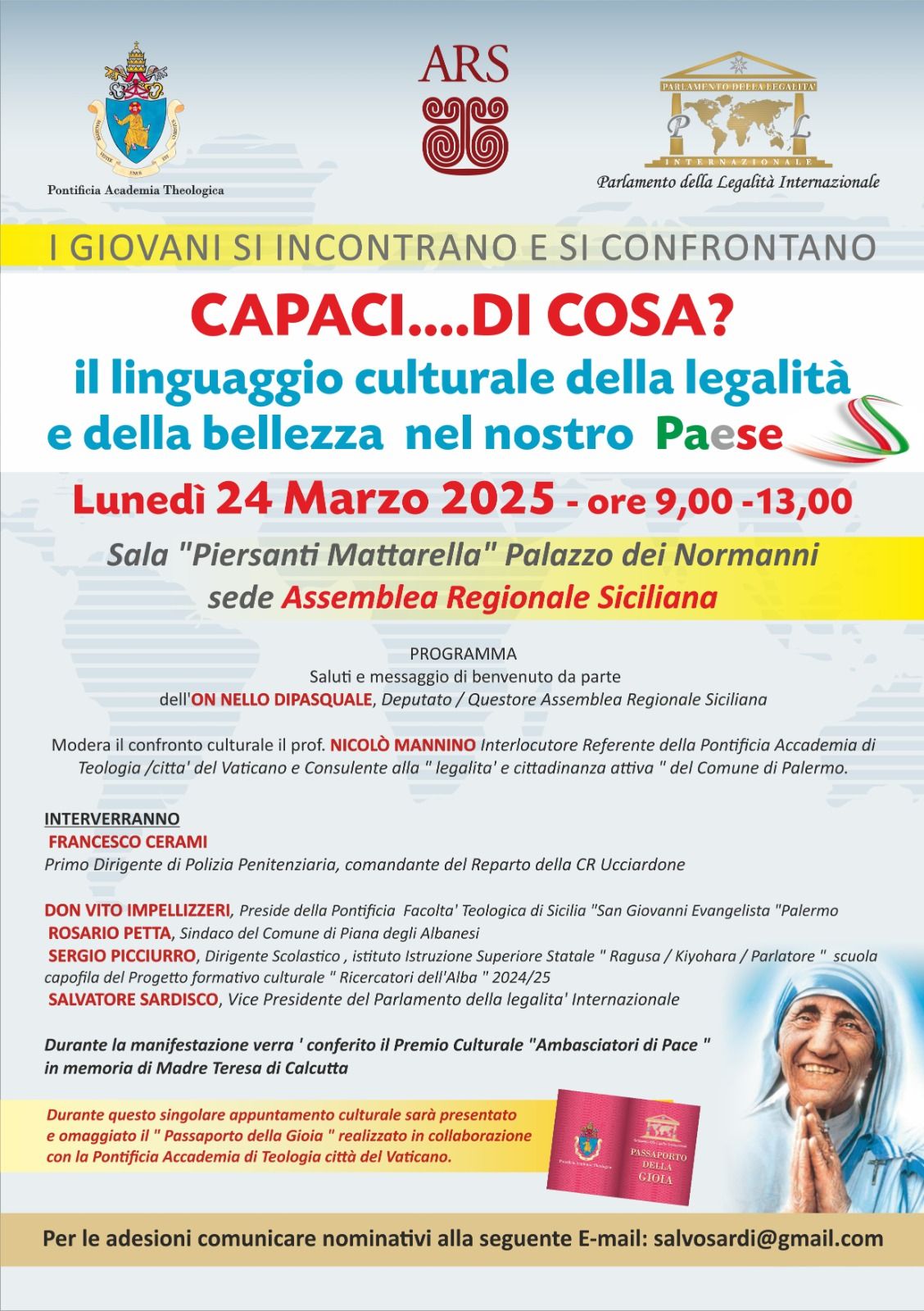 ASSEMBLEA REGIONALE SICILIANA - CONFRONTO CON I GIOVANI / LUNEDI 24 MARZO 2025 ORE 9,30/13 - IL PRESENTE VALE COME INVITO 